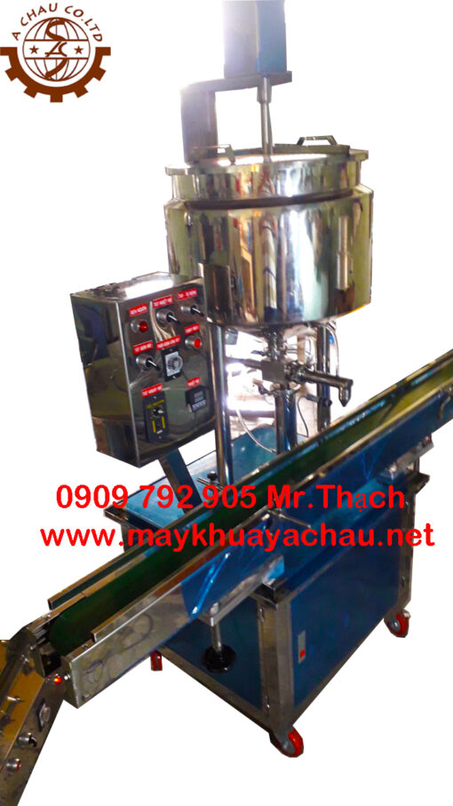Máy chiết rót một vòi kết hợp khuấy và gia nhiệt có băng tải