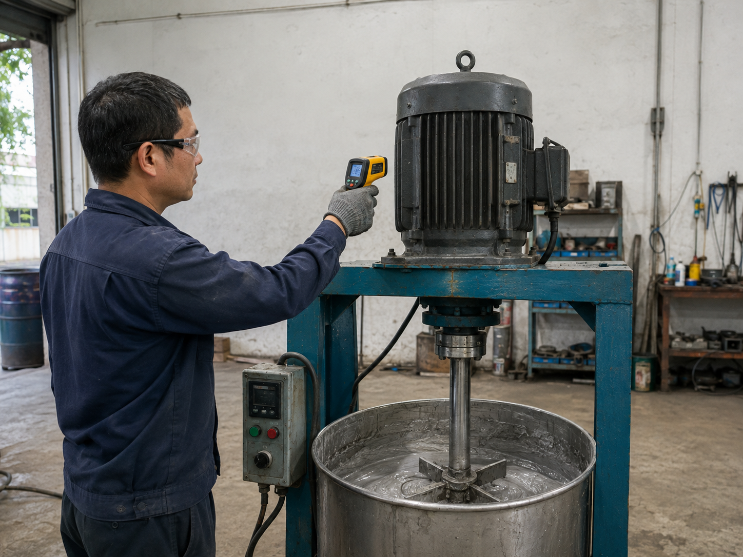 Kỹ thuật viên đo nhiệt độ motor máy khuấy sơn