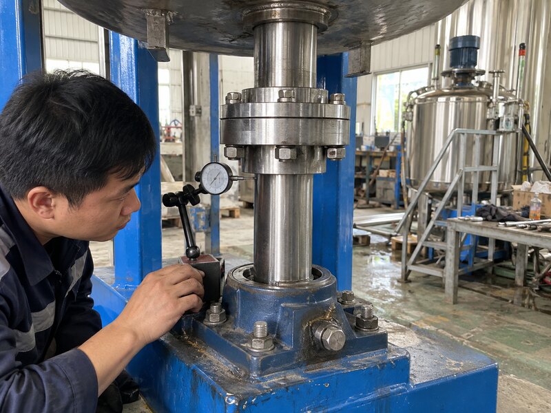 Kỹ thuật viên kiểm tra độ thẳng trục máy khuấy hóa chất đặc