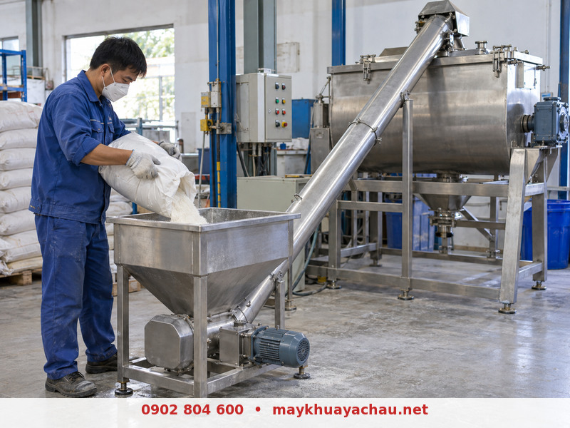 Công nhân cấp bột vào phễu của vít tải máy trộn