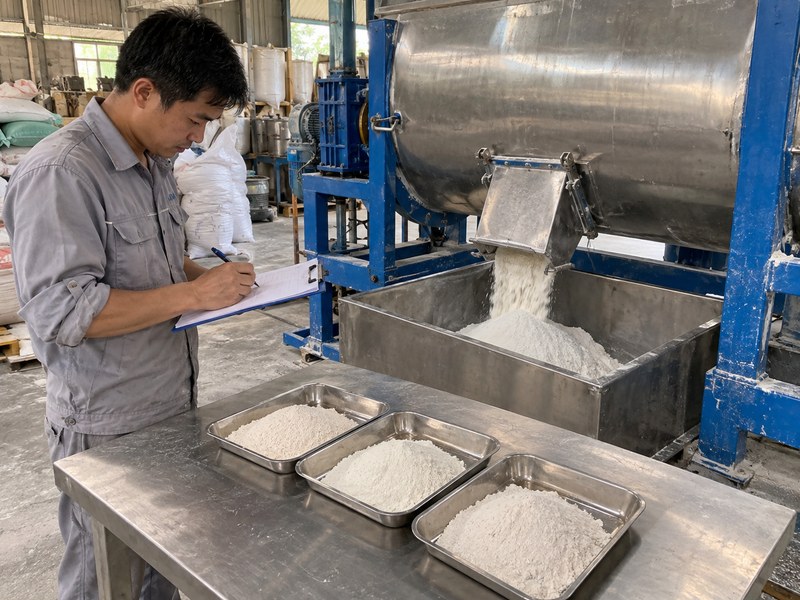 Lấy mẫu kiểm tra độ đồng đều của bột sau khi trộn